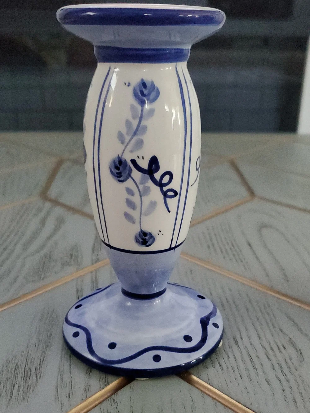 Vintage Blue & White Ceramic Floral Candlestick Holder - Home Accents